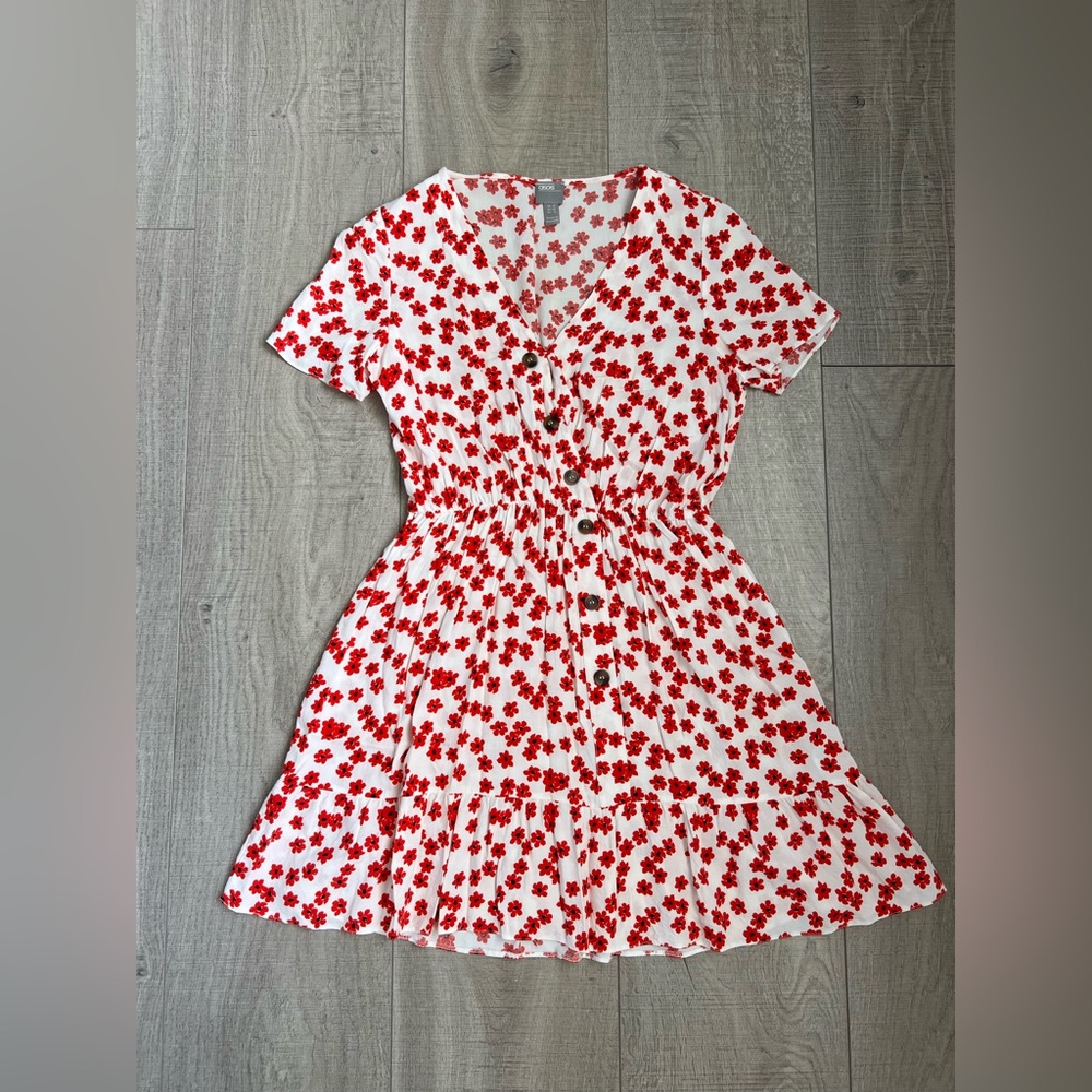 ASOS Red and White Floral V-Neck Mini Dress